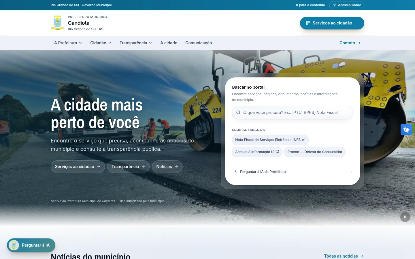 Portal em produção da Prefeitura Municipal de Candiota (Rio Grande do Sul), construído sobre o Prefeituras.app