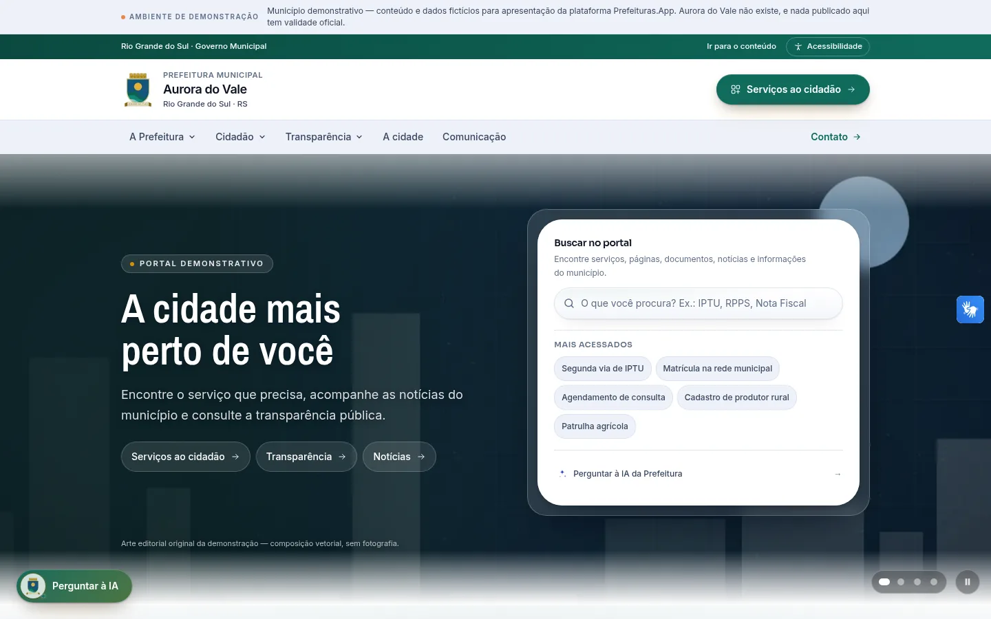 Portal de demonstração do Prefeituras.app — município fictício Aurora do Vale, com busca no portal e serviços ao cidadão
