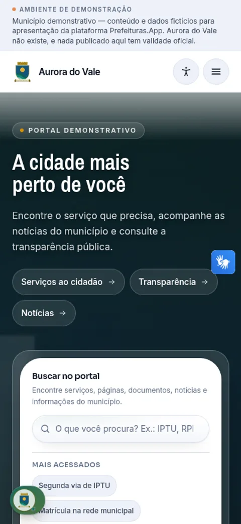 Portal de demonstração do Prefeituras.app em um celular, mostrando o hero e a busca do portal do município fictício Aurora do Vale