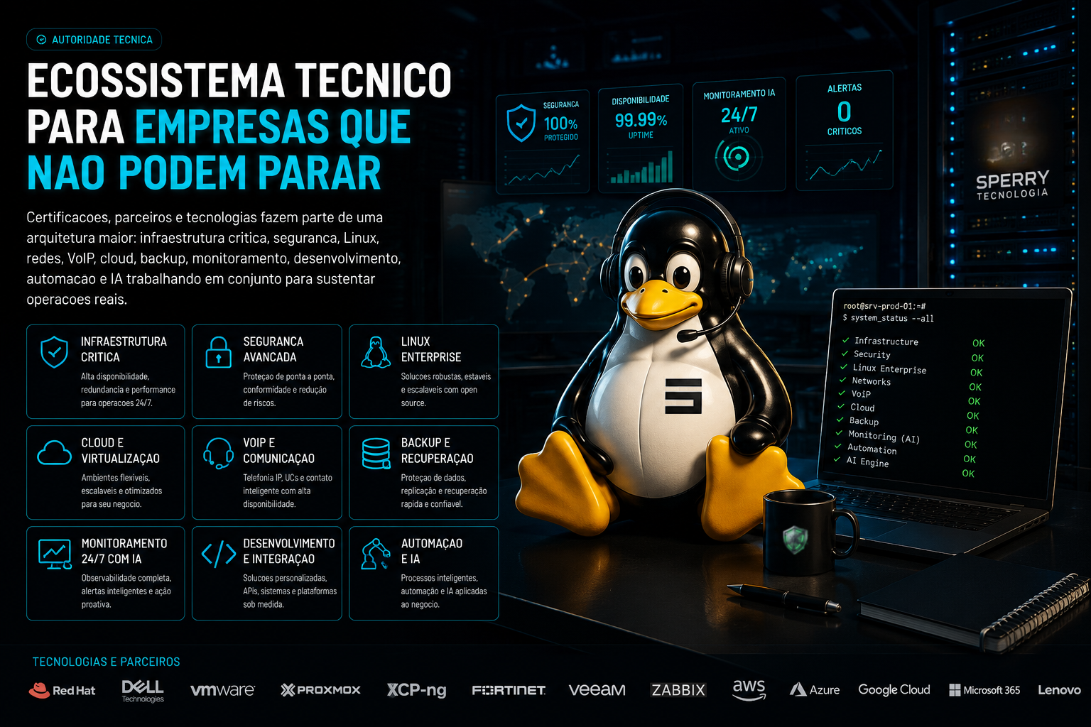 Ecossistema Técnico Sperry - Infraestrutura crítica, segurança, Linux, redes, VoIP, cloud, backup, monitoramento, automação e IA